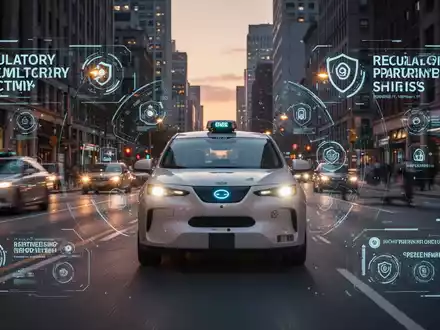 Autonomes Robotaxi auf einer Stadtstraße in der Dämmerung, symbolisiert regulatorische Aufsicht und Wandel in Branchenpartnerschaften. - Foto: über boerse-global.de