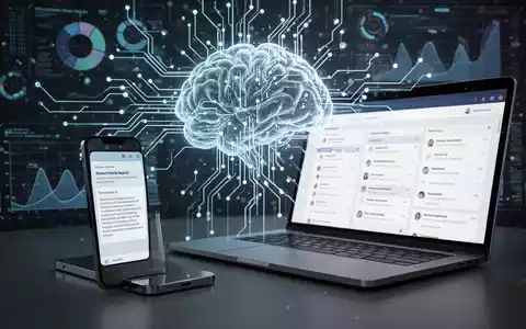 Stilisierte neuronale Netzwerke mit Datenvisualisierungen, Smartphone und Laptop, die zusammengefasste Texte und organisierte E-Mails zeigen – Symbol für KI-gestützte Informationsverarbeitung. - Foto: über boerse-global.de