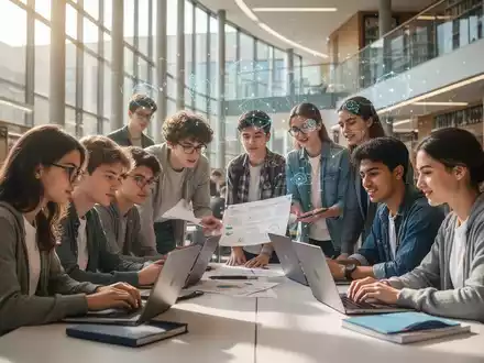 Eine vielfältige Gruppe von Studierenden arbeitet in einer modernen Universitätsbibliothek zusammen, symbolisch für globale Bildung und Innovation. - Foto: über boerse-global.de