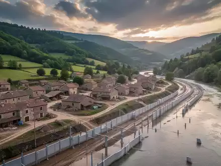 Luftaufnahme eines wiederaufgebauten Dorfes in einem Tal mit modernen Hochwasserschutzbarrieren entlang eines Flusses und grünen Hügeln. - Foto: über boerse-global.de