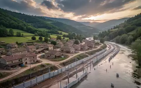Luftaufnahme eines wiederaufgebauten Dorfes in einem Tal mit modernen Hochwasserschutzbarrieren entlang eines Flusses und grünen Hügeln. - Foto: über boerse-global.de