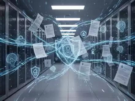 Ein futuristischer Serverraum mit blauen Datenströmen, rechtlichen Dokumenten und Symbolen für Datenschutz und KI. - Foto: über boerse-global.de