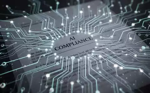 Abstrakte Darstellung von KI-Compliance: Eine digitale Leiterplatte mit leuchtenden Linien und Knoten, überlagert von einem juristischen Dokument. - Foto: über boerse-global.de