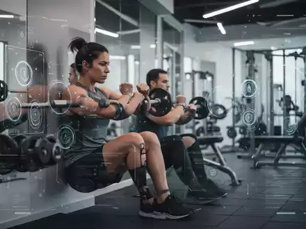 Eine Person macht eine Wandsitzübung in einem modernen Fitnessstudio, mit subtilen digitalen Elementen, die Technologie andeuten. - Foto: über boerse-global.de