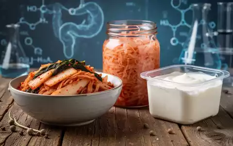 Eine Nahaufnahme von fermentierten Lebensmitteln wie Kimchi, Sauerkraut und Joghurt auf einem Holztisch, die Darmgesundheit symbolisieren. - Foto: über boerse-global.de
