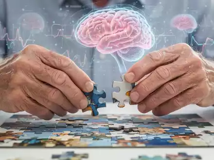 Ältere Hände lösen ein komplexes Puzzle, im Hintergrund verschwommene Visualisierungen von Gehirnaktivität. - Foto: über boerse-global.de