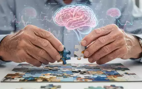 Ältere Hände lösen ein komplexes Puzzle, im Hintergrund verschwommene Visualisierungen von Gehirnaktivität. - Foto: über boerse-global.de