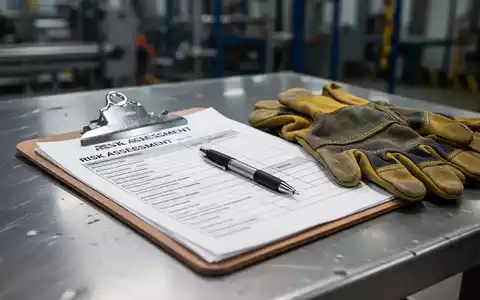 Ein Klemmbrett mit einem Formular zur Gefährdungsbeurteilung, einem Stift und Schutzhandschuhen auf einer industriellen Oberfläche. - Foto: über boerse-global.de