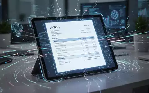 Ein stilisiertes digitales Rechnungsdokument leuchtet auf einem Tablet-Bildschirm, umgeben von abstrakten Datenströmen und Technologieelementen. - Foto: über boerse-global.de