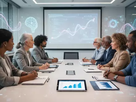 Eine Gruppe von Menschen unterschiedlichen Alters und Hintergrunds nimmt an einer Schulung teil, umgeben von digitalen Elementen. - Foto: über boerse-global.de