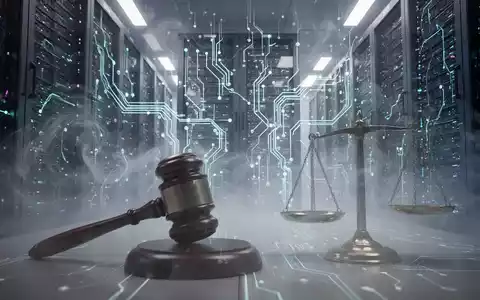 Abstrakte Server und Schaltkreise mit durchsichtigem Richterhammer vor Nebel. - Foto: über boerse-global.de