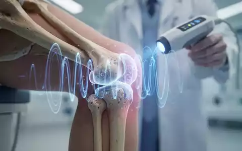 Ein Kniegelenk wird von einem Ultraschallgerät mit blauen Wellen behandelt, die die Regeneration von Gewebe andeuten. - Foto: über boerse-global.de