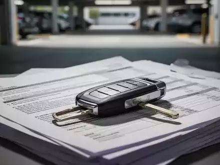 Ein Autoschlüssel liegt auf einem Stapel rechtlicher Dokumente und Finanzberichte, unscharfer Parkplatz im Hintergrund. - Foto: über boerse-global.de