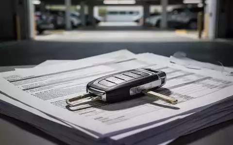 Ein Autoschlüssel liegt auf einem Stapel rechtlicher Dokumente und Finanzberichte, unscharfer Parkplatz im Hintergrund. - Foto: über boerse-global.de