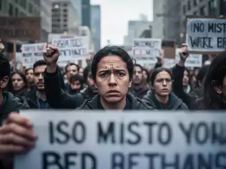 Eine Gruppe von Menschen demonstriert mit ernsten Gesichtern und unscharfen Protestschildern, die soziale Unruhen und Sorgen ausdrücken. - Foto: über boerse-global.de
