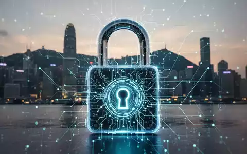 Digitales Vorhängeschloss mit Daten-Netzwerk-Overlay und dezenter Silhouette des Finanzdistrikts Hongkongs, symbolisiert verbesserte Cybersicherheit. - Foto: über boerse-global.de