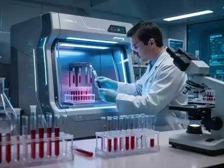 Nahaufnahme eines Wissenschaftlers, der eine Blutprobe in einem hochtechnologischen Gerät im Labor analysiert, mit blauen Lichtern. - Foto: über boerse-global.de