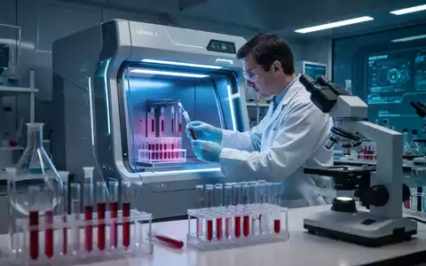 Nahaufnahme eines Wissenschaftlers, der eine Blutprobe in einem hochtechnologischen Gerät im Labor analysiert, mit blauen Lichtern. - Foto: über boerse-global.de