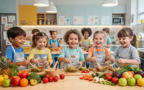Kinder in einer modernen Kinderküche, die frisches Obst und Gemüse zubereiten, symbolisieren gesunde Kinderernährung. - Foto: über boerse-global.de