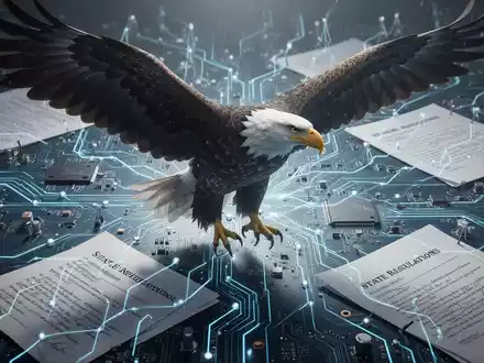 Amerikanischer Adler über digitaler Landschaft aus Leiterplatten und Rechtsdokumenten, symbolisiert KI-Regulierung. - Foto: über boerse-global.de