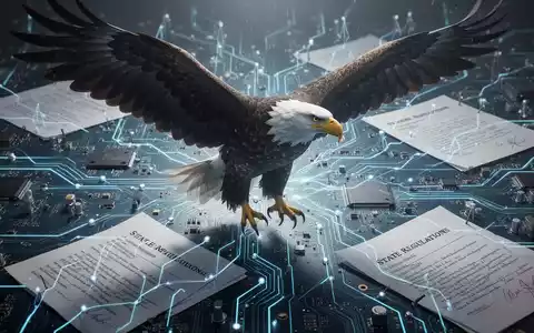 Amerikanischer Adler über digitaler Landschaft aus Leiterplatten und Rechtsdokumenten, symbolisiert KI-Regulierung. - Foto: über boerse-global.de