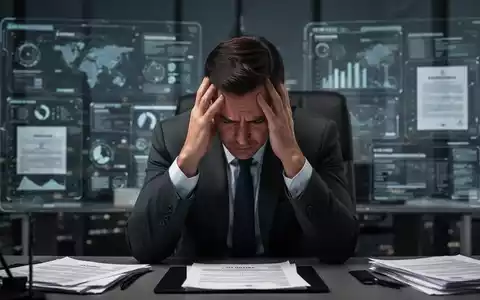 Ein gestresster Manager hält den Kopf in den Händen, im Hintergrund verschwommene Bildschirme und rechtliche Dokumente. Haftung des Chefs. - Foto: über boerse-global.de