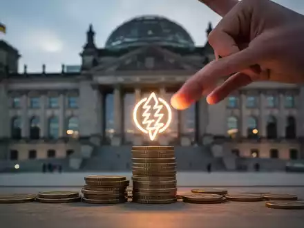 Eine Hand platziert ein leuchtendes Energiesymbol auf einem Münzstapel vor einem unscharfen Parlamentsgebäude, das Energiesteuerdebatten symbolisiert. - Foto: über boerse-global.de