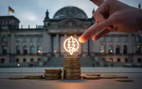 Eine Hand platziert ein leuchtendes Energiesymbol auf einem Münzstapel vor einem unscharfen Parlamentsgebäude, das Energiesteuerdebatten symbolisiert. - Foto: über boerse-global.de