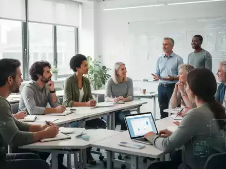 Erwachsene Teilnehmer in einem hellen Klassenzimmer, die an einem Gesundheits- und Selbstmanagementkurs teilnehmen, mit digitalen Elementen. - Foto: ĂĽber boerse-global.de