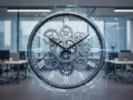 Ein stilisiertes Zifferblatt mit Zahnrädern und digitalen Datenüberlagerungen, das flexible Arbeitszeiten und digitale Transformation symbolisiert. - Foto: über boerse-global.de
