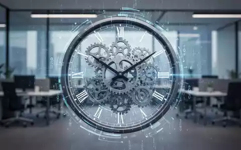 Ein stilisiertes Zifferblatt mit Zahnrädern und digitalen Datenüberlagerungen, das flexible Arbeitszeiten und digitale Transformation symbolisiert. - Foto: über boerse-global.de