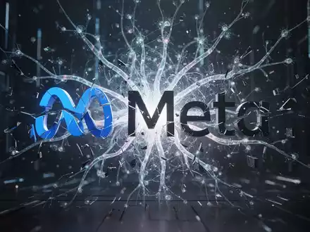 Metas Logo, fragmentiert und verzerrt, dahinter glühendes KI-Netzwerk, Symbol für Kontroversen. - Foto: über boerse-global.de