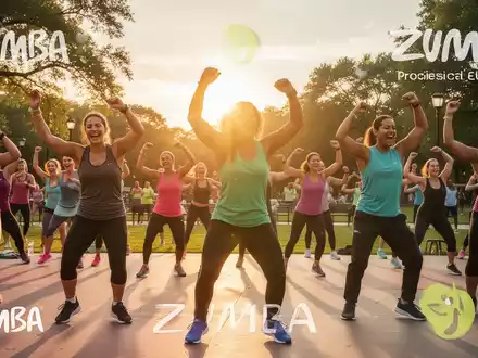 Eine vielfältige Gruppe von Menschen tanzt energisch Zumba im Freien bei Sonnenuntergang in einem Park. - Foto: über boerse-global.de