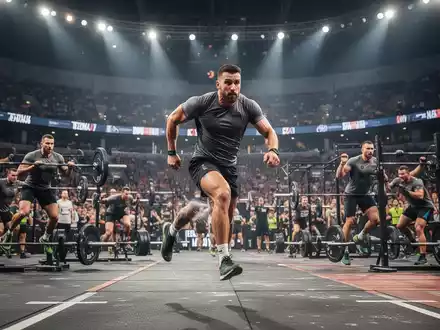 Athleten bei einem Hyrox-Wettkampf, die eine Kombination aus Laufen und Kraftübungen in einer dynamischen Arena absolvieren. - Foto: über boerse-global.de
