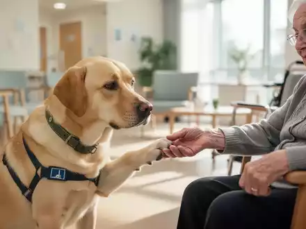Ein Therapiehund, ein Labrador Retriever, interagiert sanft mit der Hand eines älteren Menschen in einer Tagespflegeeinrichtung. - Foto: über boerse-global.de
