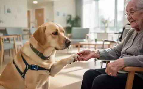 Ein Therapiehund, ein Labrador Retriever, interagiert sanft mit der Hand eines älteren Menschen in einer Tagespflegeeinrichtung. - Foto: über boerse-global.de