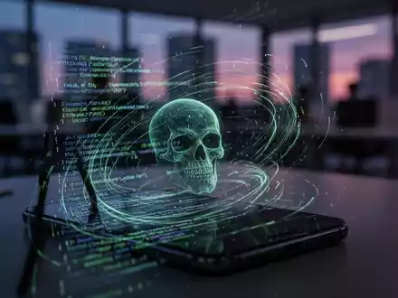 Smartphone-Bildschirm mit abstraktem Code und digitalem Totenkopf-Symbol, unscharfes Büro im Hintergrund, symbolisiert mobile Cyber-Bedrohungen. - Foto: über boerse-global.de