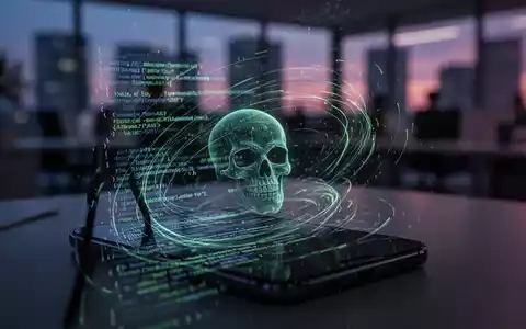 Smartphone-Bildschirm mit abstraktem Code und digitalem Totenkopf-Symbol, unscharfes Büro im Hintergrund, symbolisiert mobile Cyber-Bedrohungen. - Foto: über boerse-global.de