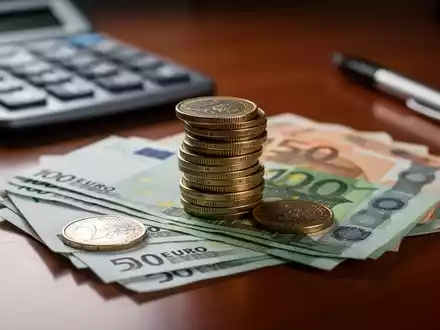 Nahaufnahme von Euro-Münzen und -Banknoten auf einem Schreibtisch mit einem Taschenrechner im Hintergrund, der Gesundheitskosten symbolisiert. - Foto: über boerse-global.de
