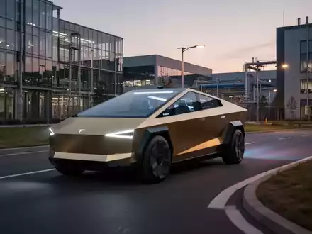 Goldenes Tesla Cybercab, autonomes Fahrzeug ohne Lenkrad, fährt in der Dämmerung auf einer Straße durch einen modernen Fabrikcampus. - Foto: über boerse-global.de