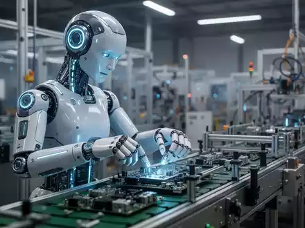 Ein humanoider Roboter mit leuchtend blauen Akzenten montiert präzise Komponenten an einem modernen Fließband in einer Fabrik. - Foto: über boerse-global.de