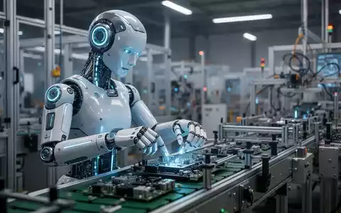 Ein humanoider Roboter mit leuchtend blauen Akzenten montiert präzise Komponenten an einem modernen Fließband in einer Fabrik. - Foto: über boerse-global.de