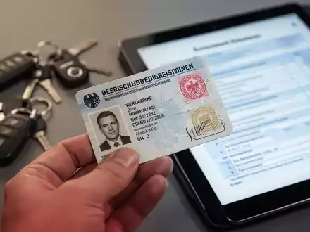 Nahaufnahme eines Schwerbehindertenausweises mit Wertmarke, gehalten von einer Hand, im Hintergrund unscharf Autoschlüssel und Tablet. - Foto: über boerse-global.de