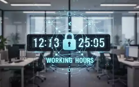 Eine digitale Uhr, die Arbeitszeiten anzeigt, überlagert von einem Vorhängeschloss-Symbol, vor einem verschwommenen modernen Büro. - Foto: über boerse-global.de
