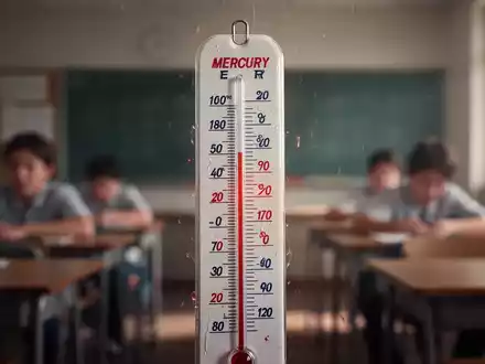 Ein Thermometer zeigt hohe Temperaturen an, im unscharfen Hintergrund ist ein Klassenzimmer zu sehen, das Hitze und Unbehagen andeutet. - Foto: über boerse-global.de