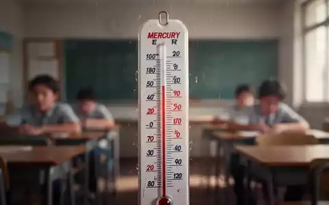 Ein Thermometer zeigt hohe Temperaturen an, im unscharfen Hintergrund ist ein Klassenzimmer zu sehen, das Hitze und Unbehagen andeutet. - Foto: über boerse-global.de