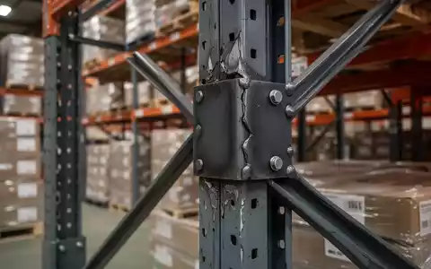 Nahaufnahme eines reparierten Schwerlastregalständers in einem Lager, mit einer stabilen Metallverstärkung an der beschädigten Stelle. - Foto: über boerse-global.de