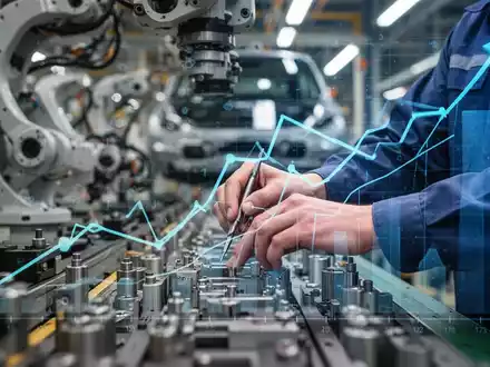 Hände eines Arbeiters an einer Montagelinie in einer Autofabrik, mit verschwommener Maschinerie und digitalen Kostengrafiken im Hintergrund. - Foto: über boerse-global.de