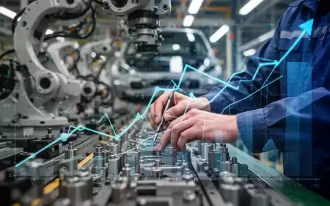 Hände eines Arbeiters an einer Montagelinie in einer Autofabrik, mit verschwommener Maschinerie und digitalen Kostengrafiken im Hintergrund. - Foto: über boerse-global.de