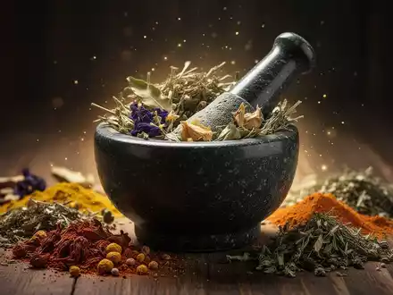 Ein Mörser mit Stößel, gefüllt mit verschiedenen getrockneten Kräutern und Gewürzen, symbolisiert Naturheilkunde und Forschung. - Foto: über boerse-global.de